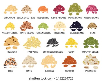 Set of hand drawn vector handful of beans, legumes, seeds and nuts. Chickpea, kidney bean, mung, soy, lentil, pinto beans, rice, oats, flax, pumpkin and sunflower seeds, pistachio, cashew, almond. 