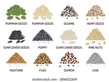 Set of hand drawn vector handful of seeds. Pumpkin and sunflower seeds, chia, poppy, flax, quinoa, mustard, hemp, pine nuts. Organic healthy food. Vegan and vegetarian poster