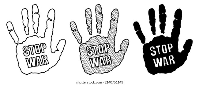 Set of hand drawn vector handwritten marks with the words stop war in a doodle cartoon style
