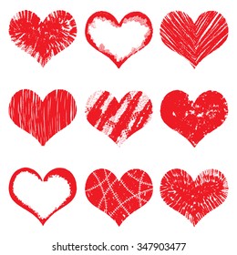 Set of hand drawn vector heart. Collection created with different brush such as chalk, ink, pencil, watercolour brush and scratch. 