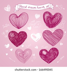 Set of Hand drawn vector hearts. Design elements. Retro background. Valentine background. 