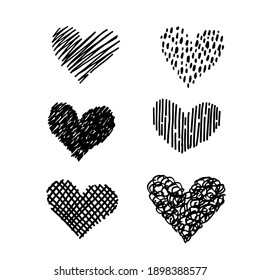 Set of hand drawn vector hearts in doodle style. Valentine day decor. Different types of heart isolated on white. Celebration design elements for cards, gift wrap and textile