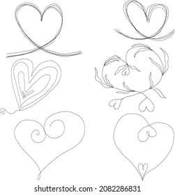 Conjunto de garabatos de corazones vectoriales dibujados a mano. Fondo esquemático negro y blanco para envolver papel, telas, papeles pintados, postales y más. Doodles de San Valentín, boceto de escritura a mano de corazón de doodle 