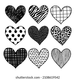 Conjunto de corazones vectoriales dibujados a mano con diferentes texturas. Impresión animal, cuadros, puntos de polka y otros antecedentes en forma de corazón. Clipart para postales, decoración, diseño