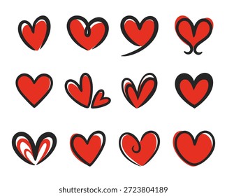 Set von handgezeichneten Vektorherzen mit roten Füllungen und schwarzen skizzenhaften Pinselkonturen. Sammlung romantischer Doodle-Symbole für Valentinstag-Grußkarten, Hochzeitseinladungen und kreative Designs