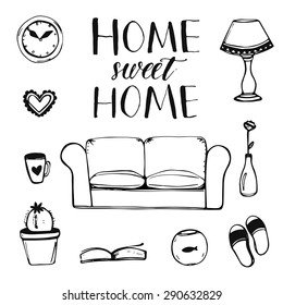 Set Of Hand Drawn Vector Home Interior Doodles: Couch, Lamp, Clock, Cactus, Slippers And Other Items With Calligraphy Phrase Ho,e Sweet Home For Cards And Posters