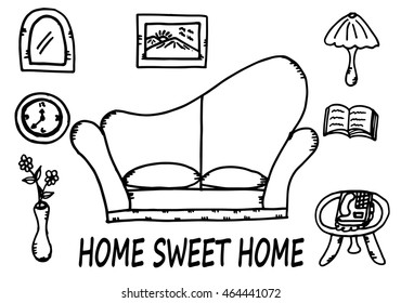 Set of hand drawn vector home interior doodles: couch, lamp, clock, and other items, for cards and posters