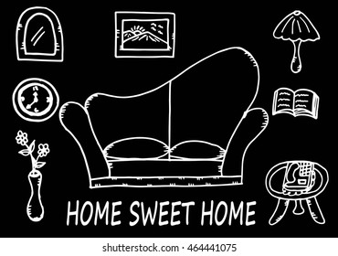 Set of hand drawn vector home interior doodles: couch, lamp, clock, and other items, for cards and posters