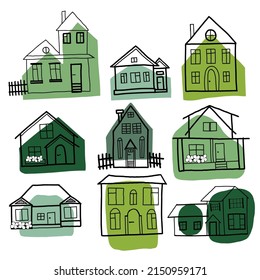 Conjunto de casas de vector dibujadas a mano.