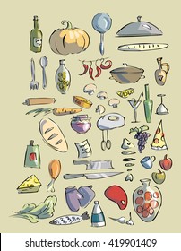 Set of hand drawn  vector icon with food, drinks and kitchen utensils.?lip-art for design
