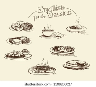 Set of hand drawn vector icons - English pub classic food 