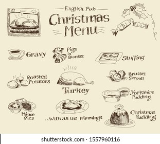 Set of hand drawn vector icons - English Christmas Menu set 