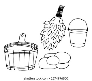 Set of hand drawn vector icons. Bath basin and birch broom, stones and a bucket. Cute cartoon illustration. Vector hand drawn doodle isolated on white background.