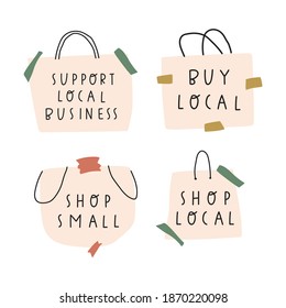 Set of hand drawn vector icons  - buy local, shop small. support local business. Illustrations on white background.