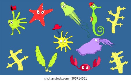 Set of hand drawn vector icons "Fantastic sea creatures"