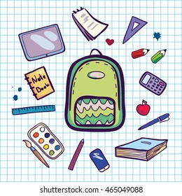 Set of hand drawn vector icons. Vector illustration with education objects and school bag.Clip art for design. Cute card, background or template.
