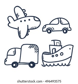 set of hand drawn vector icons of transport 