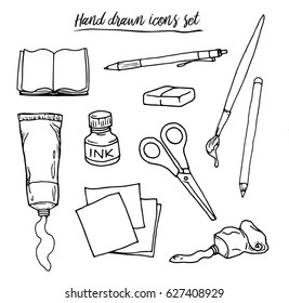 Set of hand drawn vector icons of craft supplies