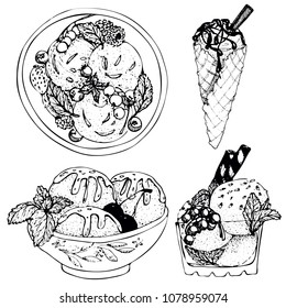 Set of hand drawn vector  illustration of ice cream  balls in ceramic bowl, in glass bowl, in waffle cone and ice cream top view.  Isolated on white background.  