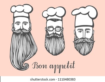 Set of Hand drawn vector illustration of hipster chief-cooker with a mustache and beard in white hat. chief-cooker  logo.