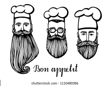 Set of Hand drawn vector illustration of hipster chief-cooker with a mustache and beard in white hat. chief-cooker  logo.