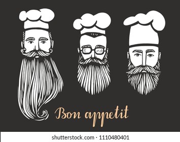 Set of Hand drawn vector illustration of hipster chief-cooker with a mustache and beard in white hat. chief-cooker  logo.