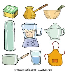 set of hand drawn, vector illustration of kitchen objects