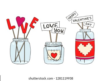 Set of hand drawn vector illustration of a mason jar with hearts and inscriptions love you, wedding and romance concept illustration isolated on white background. Love concept. Valentines Day concept