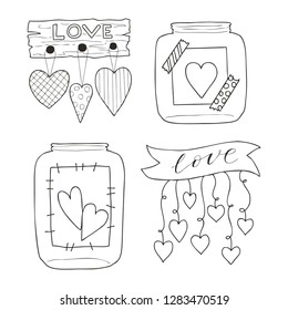 Set of hand drawn vector illustration of a mason jar with hearts and inscriptions love you, wedding and romance concept illustration isolated on white background. Love concept. Valentines Day concept