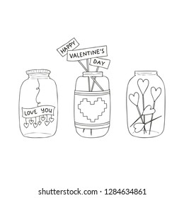 Set of hand drawn vector illustration of a mason jar with hearts and inscriptions love you, wedding and romance concept illustration isolated on white background. Love concept. Valentines Day concept