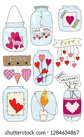 Set of hand drawn vector illustration of a mason jar with hearts and inscriptions love you, candle, wedding and romance concept illustration isolated on white background. Love concept. Valentines Day