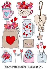 Set of hand drawn vector illustration of a mason jar, love letter, topper, pouch, mug, decorative toy with hearts and inscriptions love you, candle, wedding and romance concept illustration isolated