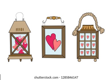 Set of hand drawn vector illustration of a wooden lantern with hearts, wedding and romance concept illustration isolated on white background. Love concept. Valentines Day concept. Elements of