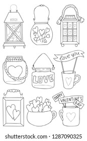 Set of hand drawn vector illustration of a mason jar, topper, lantern, mug, wooden frame with hearts and inscriptions love you, candle, wedding and romance concept illustration isolated on white