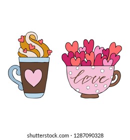 Set of hand drawn vector illustration of a mug, cup, glass with hearts and inscriptions love you, happy Valentines Day. Wedding and romance concept illustration isolated on white background. Love