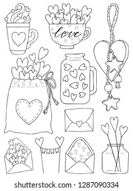 Set of hand drawn vector illustration of a mason jar, love letter, topper, pouch, mug, decorative toy with hearts and inscriptions love you, candle, wedding and romance concept illustration isolated