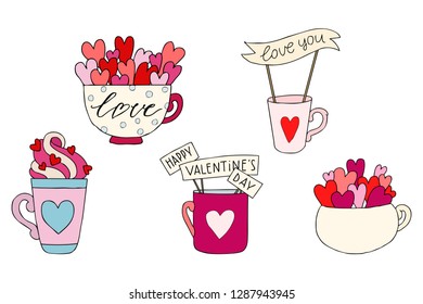 Set of hand drawn vector illustration of a mug, cup, glass with hearts and inscriptions love you, happy Valentines Day. Wedding and romance concept illustration isolated on white background. Love