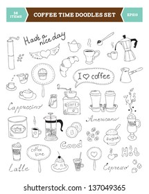Set of hand drawn vector illustration of coffee doodles sketch elements. Isolated on white background