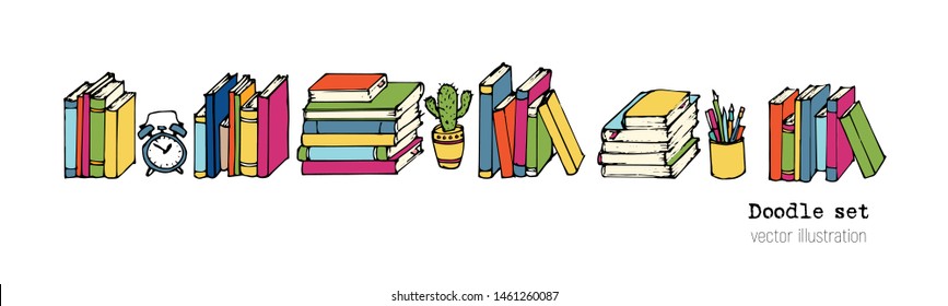 Set of Hand drawn Vector illustration.   Book, Notebooks, Notepads and Diaries Sketch. Stack of books. Office stuff, student desk. Doodle stationery. Cartoon Design elemements for infographic. School