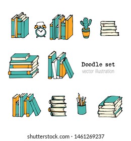 Set of Hand drawn Vector illustration.   Book, Notebooks, Notepads and Diaries Sketch. Stack of books. Office stuff, student desk. Doodle stationery. Cartoon Design elemements for infographic. School