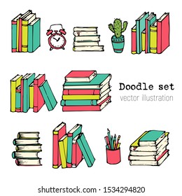Set of Hand drawn Vector illustration.   Book, Notebooks, Notepads and Diaries Sketch. Stack of books. Office stuff, student desk. Doodle stationery. Cartoon Design elemements for infographic. School