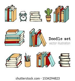Set of Hand drawn Vector illustration.   Book, Notebooks, Notepads and Diaries Sketch. Stack of books. Office stuff, student desk. Doodle stationery. Cartoon Design elemements for infographic. School