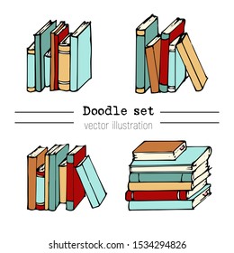 Set of Hand drawn Vector illustration.   Book, Notebooks, Notepads and Diaries Sketch. Stack of books. Office stuff, student desk. Doodle stationery. Cartoon Design elemements for infographic. School