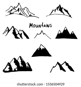 Set hand drawn vector illustration in scandinavian style. Mountain , landscape nature silhouette element outdoor icon snow ice tops and decorative isolated camping travel climbing or hiking.

