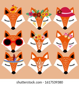 Set of Hand drawn vector illustration of a cute funny fox. Fox with a bouquet, glasses, hat, bird and feathers. Scandinavian style flat design. Concept children print. Woodland animal.