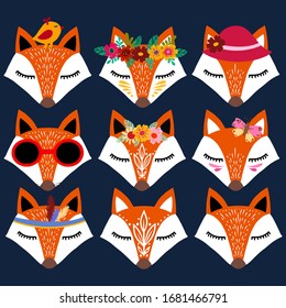 Set of Hand drawn vector illustration of a cute funny fox. Fox with a bouquet, glasses, hat, bird and feathers. Scandinavian style flat design. Concept children print. Woodland animal.