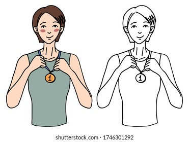 Set of hand drawn vector illustration. Woman with the gold medal for first place. Winners people concept. Set of contour and color drawing isolated on white. Doodles in simple flat style for design.