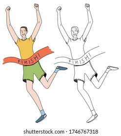 Conjunto de ilustración vectorial dibujada a mano. El hombre feliz ganador recurre a la línea de meta. Concepto de ganadores. Conjunto de contorno y dibujo de color aislado en blanco. Doodles de diseño sencillo y plano.