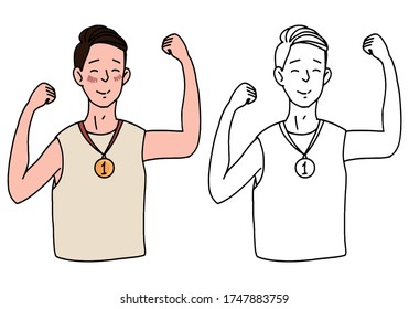 Set of hand drawn vector illustration. The guy with the gold medal for first place. Winners people concept. Set of contour and color drawing isolated on white. Doodles in simple flat style for design.