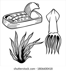 Set of hand drawn vector illustration in black and white. Seafood clipart with seaweed, squid and open canned fish